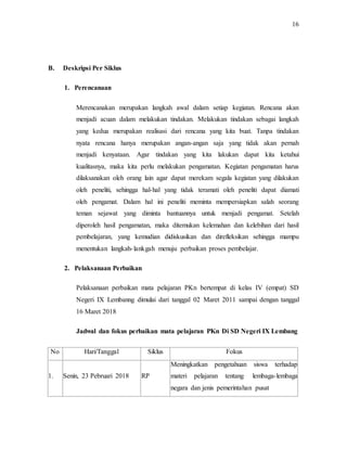 16
B. Deskripsi Per Siklus
1. Perencanaan
Merencanakan merupakan langkah awal dalam setiap kegiatan. Rencana akan
menjadi acuan dalam melakukan tindakan. Melakukan tindakan sebagai langkah
yang kedua merupakan realisasi dari rencana yang kita buat. Tanpa tindakan
nyata rencana hanya merupakan angan-angan saja yang tidak akan pernah
menjadi kenyataan. Agar tindakan yang kita lakukan dapat kita ketahui
kualitasnya, maka kita perlu melakukan pengamatan. Kegiatan pengamatan harus
dilaksanakan oleh orang lain agar dapat merekam segala kegiatan yang dilakukan
oleh peneliti, sehingga hal-hal yang tidak teramati oleh peneliti dapat diamati
oleh pengamat. Dalam hal ini peneliti meminta mempersiapkan salah seorang
teman sejawat yang diminta bantuannya untuk menjadi pengamat. Setelah
diperoleh hasil pengamatan, maka ditemukan kelemahan dan kelebihan dari hasil
pembelajaran, yang kemudian didiskusikan dan direfleksikan sehingga mampu
menentukan langkah-lankgah menuju perbaikan proses pembelajar.
2. Pelaksanaan Perbaikan
Pelaksanaan perbaikan mata pelajaran PKn bertempat di kelas IV (empat) SD
Negeri IX Lembanng dimulai dari tanggal 02 Maret 2011 sampai dengan tanggal
16 Maret 2018
Jadwal dan fokus perbaikan mata pelajaran PKn Di SD Negeri IX Lembang
No Hari/Tanggal Siklus Fokus
1. Senin, 23 Pebruari 2018 RP
Meningkatkan pengetahuan siswa terhadap
materi pelajaran tentang lembaga-lembaga
negara dan jenis pemerintahan pusat
 