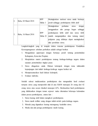 17
2. Rabu, 02 Maret 2018
RPP
Siklus I
Meningkatkan motivasi siswa untuk bertanya
jawab sehingga pembelajaran lebih aktif
3. Rabu, 16 Maret 2018
RPP
Siklus II
Meningkatkan perhatian siswa dengan
menggunakan alat peraga bagan sehingga
pembelajaran lebih aktif dan siswa lebih
mudah mengumpulkan data tentang materi
pelajaran yang akhirnya dapat meningkatkan
nilai perolehan siswa.
Langkah-langkah yang di tempuh dalam rencana pembelajaran Pendidikan
Kewarganegaraan sebelum perbaikan adalah sebagai berikut:
1. Mengadakan appersepsi dengan bertanya jawab tentang pemerintahan
Kabupaten, Kota dan Propinsi.
2. Menjelaskan materi pembelajaran tentang lembaga-lembaga negara dalam
susunan pemerintahan tingkat pusat.
3. Siswa ditugaskan untuk Diskusi kelompok dengan tema tuliskanlah
kepanjangan dari istilah lembaga-lembaga negara berikut ini!
4. Mempresentasikan hasil diskusi kelompok.
5. Evaluasi individu.
Setelah selesai melaksanakan pembelajaran dan menganalisis hasil evaluasi
ternyata siswa yang memperoleh nilai di atas KKM mencapai 26 orang dari 42
orang siswa atau secara klasikal mencapai 62%. Berdasarkan hasil pembelajaran
yang didiskusikan dengan teman sejawat maka ditemukan beberapa kelemahan
dalam proses pembelajaran, antara lain :
1. Siswa kurang aktif dalam mengikuti pembelajaran.
2. Siswa masih terlihat asing dengan istilah-istilah pada lembaga negara.
3. Metode yang digunakan kurang merangsang keaktifan siswa.
4. Media dan alat peraga pembelajaran masih kurang.
 