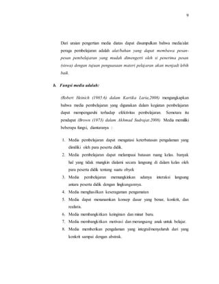 9
Dari uraian pengertian media diatas dapat disumpulkan bahwa media/alat
peraga pembelajaran adalah alat/bahan yang dapat membawa pesan-
pesan pembelajaran yang mudah dimengerti oleh si penerima pesan
(siswa) dengan tujuan penguasaan materi pelajaran akan menjadi lebih
baik.
b. Fungsi media adalah:
(Robert Heinich (1985:6) dalam Kartika Laria,2008) mengungkapkan
bahwa media pembelajaran yang digunakan dalam kegiatan pembelajaran
dapat mempengaruhi terhadap efektivitas pembelajaran. Semetara itu
pendapat (Brown (1973) dalam Akhmad Sudrajat.2008) Media memiliki
beberapa fungsi, diantaranya :
1. Media pembelajaran dapat mengatasi keterbatasan pengalaman yang
dimiliki oleh para peserta didik.
2. Media pembelajaran dapat melampaui batasan ruang kelas. banyak
hal yang tidak mungkin dialami secara langsung di dalam kelas oleh
para peserta didik tentang suatu obyek
3. Media pembelajaran memungkinkan adanya interaksi langsung
antara peserta didik dengan lingkungannya.
4. Media menghasilkan keseragaman pengamatan
5. Media dapat menanamkan konsep dasar yang benar, konkrit, dan
realistis.
6. Media membangkitkan keinginan dan minat baru.
7. Media membangkitkan motivasi dan merangsang anak untuk belajar.
8. Media memberikan pengalaman yang integral/menyeluruh dari yang
konkrit sampai dengan abstrak.
 