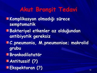 Akut Bronşit Tedavi Komplikasyon olmadığı sürece semptomatik Bakteriyel etkenler az olduğundan antibiyotik gereksiz C.pneumonia, M.pneumoniae; makrolid grubu Bronkodilatatör Antitussif (?) Ekspektoran (?) 