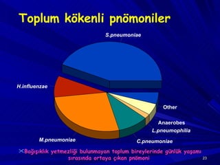 Toplum kökenli pnömoniler S.pneumoniae H.influenzae M.pneumoniae C.pneumoniae L.pneumophilia Anaerobes Other Bağışıklık yetmezliği bulunmayan toplum bireylerinde günlük yaşamı sırasında ortaya çıkan pnömoni   