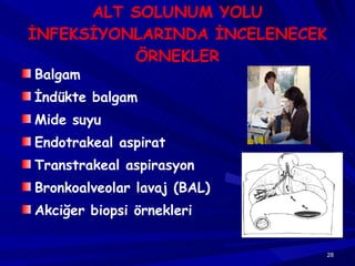 ALT SOLUNUM YOLU İNFEKSİYONLARINDA İNCELENECEK ÖRNEKLER Balgam İndükte balgam Mide suyu Endotrakeal aspirat Transtrakeal aspirasyon Bronkoalveolar lavaj (BAL) Akciğer biopsi örnekleri 