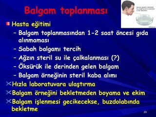 Balgam toplanması Hasta eğitimi Balgam toplanmasından 1-2 saat öncesi gıda alınmaması  Sabah balgamı tercih Ağzın steril su ile çalkalanması (?) Öksürük ile derinden gelen balgam Balgam örneğinin steril kaba alımı Hızla laboratuvara ulaştırma  Balgam örneğini bekletmeden boyama ve ekim  Balgam işlenmesi gecikecekse, buzdolabında bekletme 