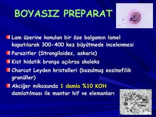 BOYASIZ PREPARAT Lam üzerine konulan bir öze balgamın lamel kapatılarak 300-400 kez büyütmede incelenmesi Parazitler (Strongiloides, askaris) Kist hidatik bronşa açılırsa skoleks Charcot Leyden kristalleri (bozulmuş eozinofilik granüller) Akciğer mikozunda  1 damla %10 KOH  damlatılması ile mantar hif ve elemanları 