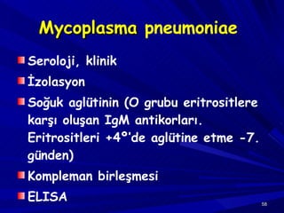 Mycoplasma  pneumoniae   Seroloji, klinik İzolasyon Soğuk aglütinin (O grubu eritrositlere karşı oluşan IgM antikorları. Eritrositleri +4 º ’de aglütine etme -7. günden) Kompleman birleşmesi ELISA 