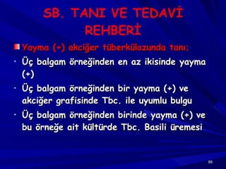 SB. TANI VE TEDAVİ REHBERİ Yayma (+) akciğer tüberkülozunda tanı; Üç balgam örneğinden en az ikisinde yayma (+)  Üç balgam örneğinden bir yayma (+) ve akciğer grafisinde Tbc. ile uyumlu bulgu Üç balgam örneğinden birinde yayma (+) ve bu örneğe ait kültürde Tbc. Basili üremesi 