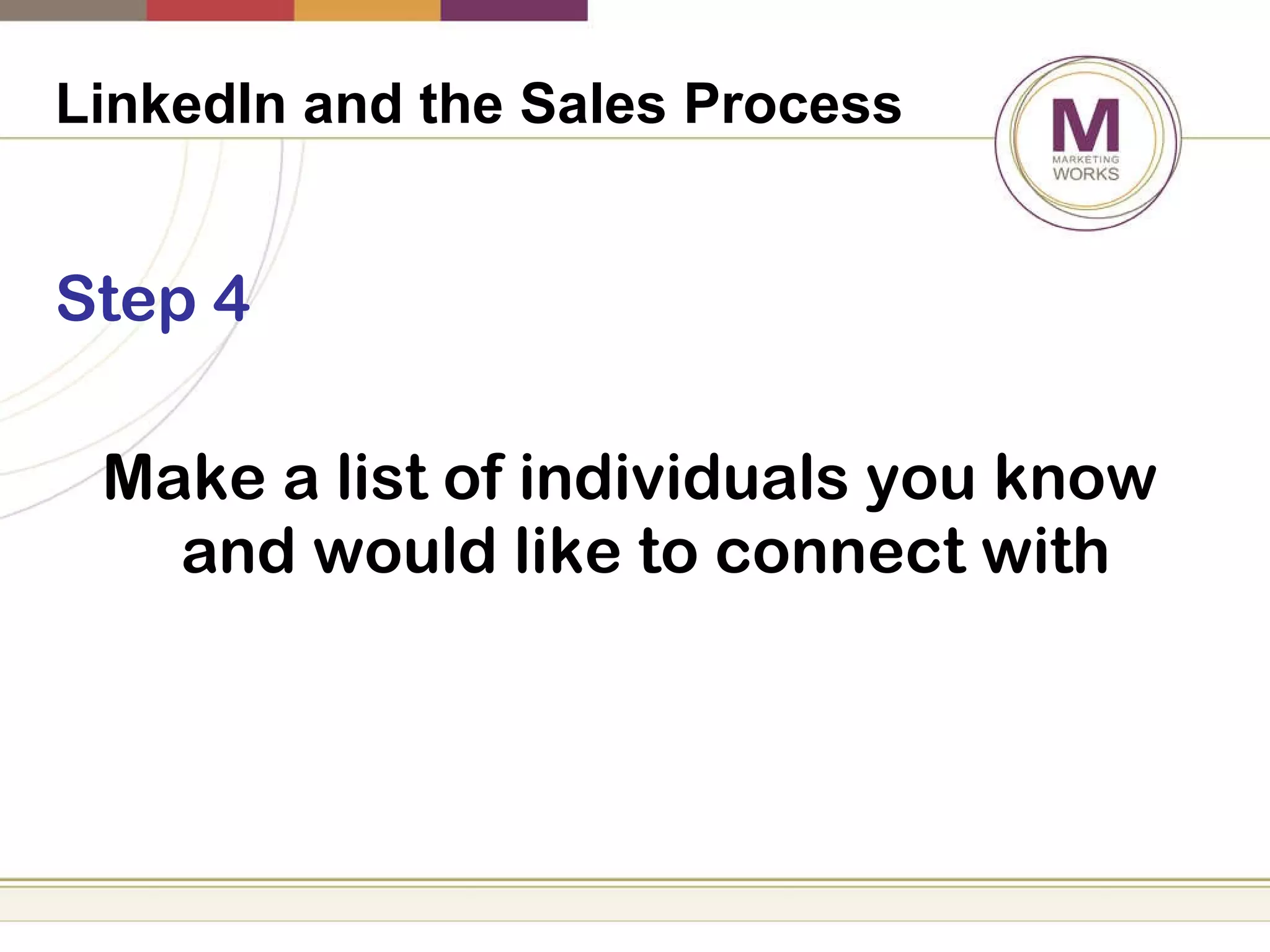 LinkedIn and the Sales Process   Step 4 Make a list of individuals you know and would like to connect with 