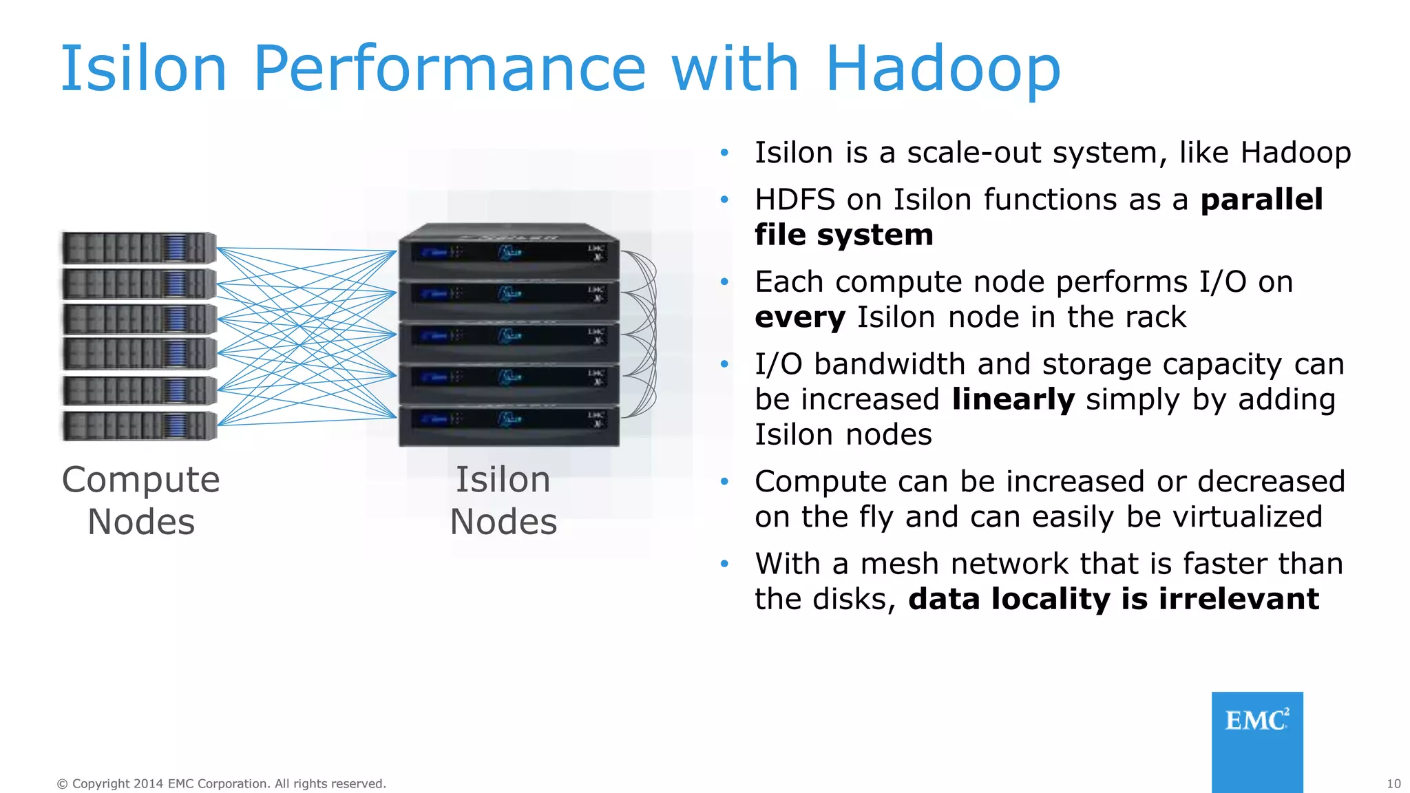 10
© Copyright 2014 EMC Corporation. All rights reserved.
© Copyright 2014 EMC Corporation. All rights reserved.
Isilon Performance with Hadoop
Compute
Nodes
• Isilon is a scale-out system, like Hadoop
• HDFS on Isilon functions as a parallel
file system
• Each compute node performs I/O on
every Isilon node in the rack
• I/O bandwidth and storage capacity can
be increased linearly simply by adding
Isilon nodes
• Compute can be increased or decreased
on the fly and can easily be virtualized
• With a mesh network that is faster than
the disks, data locality is irrelevant
Isilon
Nodes
 