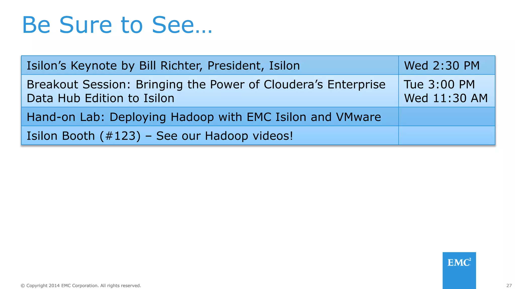 27
© Copyright 2014 EMC Corporation. All rights reserved.
© Copyright 2014 EMC Corporation. All rights reserved.
Be Sure to See…
Isilon’s Keynote by Bill Richter, President, Isilon Wed 2:30 PM
Breakout Session: Bringing the Power of Cloudera’s Enterprise
Data Hub Edition to Isilon
Tue 3:00 PM
Wed 11:30 AM
Hand-on Lab: Deploying Hadoop with EMC Isilon and VMware
Isilon Booth (#123) – See our Hadoop videos!
 