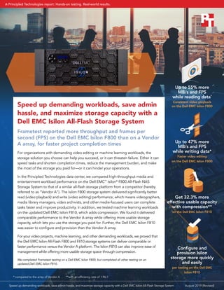 Speed up demanding workloads, save admin
hassle, and maximize storage capacity with a
Dell EMC Isilon All-Flash Storage System
Frametest reported more throughput and frames per
second (FPS) on the Dell EMC Isilon F800 than on a Vendor
A array, for faster project completion times
For organizations with demanding video editing or machine learning workloads, the
storage solution you choose can help you succeed, or it can threaten failure. Either it can
speed tasks and shorten completion times, reduce the management burden, and make
the most of the storage you paid for—or it can hinder your operations.
In the Principled Technologies data center, we compared high-throughput media and
entertainment workload performance on the Dell EMC™
Isilon®
F800 All-Flash NAS
Storage System to that of a similar all-flash storage platform from a competitor (hereby
referred to as “Vendor A”). The Isilon F800 storage system delivered significantly better
read (video playback) and write (video editing) performance, which means videographers,
media library managers, video archivists, and other media-focused users can complete
tasks faster and improve productivity. In addition, we tested machine learning workloads
on the updated Dell EMC Isilon F810, which adds compression. We found it delivered
comparable performance to the Vendor A array while offering more usable storage
capacity, which lets you use the storage you paid for. Further, the Dell EMC Isilon F810
was easier to configure and provision than the Vendor A array.
For your video projects, machine learning, and other demanding workloads, we proved that
the Dell EMC Isilon All-Flash F800 and F810 storage systems can deliver comparable or
faster performance versus the Vendor A platform. The Isilon F810 can also improve ease of
management while offering more usable storage space through compression.
Up to 55% more
MB/s and FPS
while reading data*
Consistent video playback
on the Dell EMC Isilon F800
Up to 47% more
MB/s and FPS
while writing data*
Faster video editing
on the Dell EMC Isilon F800
Configure and
provision Isilon
storage more quickly
and easily
per testing on the Dell EMC
Isilon F810
* compared to the array of Vendor A	 **with an efficiency rate of 1.96:1
Get 32.3% more
effective usable capacity
with compression**
on the Dell EMC Isilon F810
We completed Frametest testing on a Dell EMC Isilon F800, but completed all other testing on an
updated Dell EMC Isilon F810.
Speed up demanding workloads, save admin hassle, and maximize storage capacity with a Dell EMC Isilon All-Flash Storage System	 August 2019 (Revised)
A Principled Technologies report: Hands-on testing. Real-world results.
 