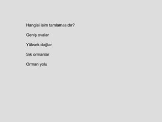 Hangisi isim tamlamasıdır? Geniş ovalar Yüksek dağlar Sık ormanlar Orman yolu 