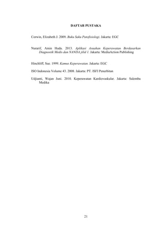 21
DAFTAR PUSTAKA
Corwin, Elizabeth J. 2009. Buku Saku Patofisiologi. Jakarta: EGC
Nurarif, Amin Huda. 2013. Aplikasi Asuahan Keperawatan Berdasarkan
Diagnostik Medis dan NANDA jilid 1. Jakarta: MediaAction Publishing
Hinchliff, Sue. 1999. Kamus Keperawatan. Jakarta: EGC
ISO Indonesia Volume 43. 2008. Jakarta: PT. ISFI Penerbitan
Udjianti, Wajan Juni. 2010. Keperawatan Kardiovaskular. Jakarta: Salemba
Medika
 