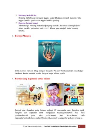 [Type the companyname] | Error! No text of specifiedstyle indocument. 5
 Binatang berkaki dua
Binatang berkaki dua (sebangsa unggas) dapat dibedakan menjadi dua jenis yaitu
unggas berleher pendek dan unggas berleher panjang.
 Bunggas berkaki empat
Ada beberapa binatang berkaki empat yang memiliki kesamaan dalam proporsi
,tetapi memiliki perbedaan pada ciri-ciri khusus yang menjadi tanda binatang
tersebut.
3. Ilustrasi Manusia
Untuk ilustrasi manusia dibagi menjadi dua,yaitu Pria dan Wanita,disekolah saya belajar
membuat ilustrasi manusia wanita dan pria hanya sebatas kepala.
4. Ilustrasi yang digunakan untuk bacaan
Ilustrasi yang digunakan pada bacaan terdapat 13 macam,ada yang digunakan untuk
menghias dan digunakan untuk memperjelas bacaan,yaitu:Ilustrasi pada buku
pelajaran,ilustrasi pada buku cerita,ilustrasi pada koran,ilustrasi pada
majalah,kartun,karikatur,vignet,exlibris,komik,sampul kaset,gambar pola,cover/sampul.
 