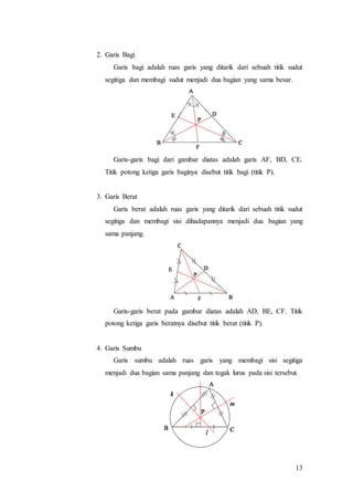 13
2. Garis Bagi
Garis bagi adalah ruas garis yang ditarik dari sebuah titik sudut
segitiga dan membagi sudut menjadi dua bagian yang sama besar.
Garis-garis bagi dari gambar diatas adalah garis AF, BD, CE.
Titik potong ketiga garis baginya disebut titik bagi (titik P).
3. Garis Berat
Garis berat adalah ruas garis yang ditarik dari sebuah titik sudut
segitiga dan membagi sisi dihadapannya menjadi dua bagian yang
sama panjang.
Garis-garis berat pada gambar diatas adalah AD, BE, CF. Titik
potong ketiga garis beratnya disebut titik berat (titik P).
4. Garis Sumbu
Garis sumbu adalah ruas garis yang membagi sisi segitiga
menjadi dua bagian sama panjang dan tegak lurus pada sisi tersebut.
 