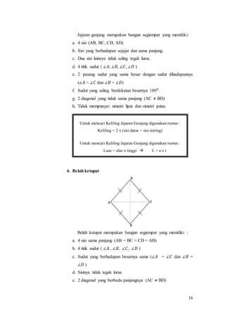 16
Jajaran genjang merupakan bangun segiempat yang memiliki:
a. 4 sisi (AB, BC, CD, AD).
b. Sisi yang berhadapan sejajar dan sama panjang.
c. Dua sisi lainnya tidak saling tegak lurus.
d. 4 titik sudut ( ∠𝐴, ∠𝐵, ∠𝐶, ∠𝐷 )
e. 2 pasang sudut yang sama besar dengan sudut dihadapannya
(∠𝐴 = ∠𝐶 dan ∠𝐵 = ∠𝐷)
f. Sudut yang saling berdekatan besarnya 180⁰.
g. 2 diagonal yang tidak sama panjang (AC ≠ BD)
h. Tidak mempunyai simetri lipat dan simetri putar.
4. Belah ketupat
Belah ketupat merupakan bangun segiempat yang memiliki :
a. 4 sisi sama panjang (AB = BC = CD = AD)
b. 4 titik sudut ( ∠𝐴 , ∠𝐵, ∠𝐶, ∠𝐷 )
c. Sudut yang berhadapan besarnya sama (∠𝐴 = ∠𝐶 dan ∠𝐵 =
∠𝐷 )
d. Sisinya tidak tegak lurus.
e. 2 diagonal yang berbeda panjangnya (AC ≠ BD)
Untuk mencari Keliling Jajaran Genjang digunakan rumus :
Keliling = 2 x (sisi datar + sisi miring)
Untuk mencari Keliling Jajaran Genjang digunakan rumus :
Luas = alas x tinggi  L = a x t
 