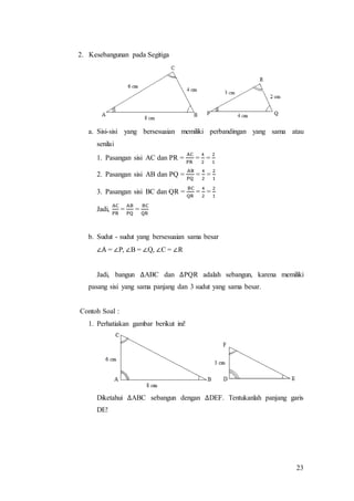 23
2. Kesebangunan pada Segitiga
a. Sisi-sisi yang bersesuaian memiliki perbandingan yang sama atau
senilai
1. Pasangan sisi AC dan PR =
AC
PR
=
4
2
=
2
1
2. Pasangan sisi AB dan PQ =
AB
PQ
=
4
2
=
2
1
3. Pasangan sisi BC dan QR =
BC
QR
=
4
2
=
2
1
Jadi,
AC
PR
=
AB
PQ
=
BC
QR
b. Sudut - sudut yang bersesuaian sama besar
∠A = ∠P, ∠B = ∠Q, ∠C = ∠R
Jadi, bangun ∆ABC dan ∆PQR adalah sebangun, karena memiliki
pasang sisi yang sama panjang dan 3 sudut yang sama besar.
Contoh Soal :
1. Perhatiakan gambar berikut ini!
Diketahui ∆ABC sebangun dengan ∆DEF. Tentukanlah panjang garis
DE!
 