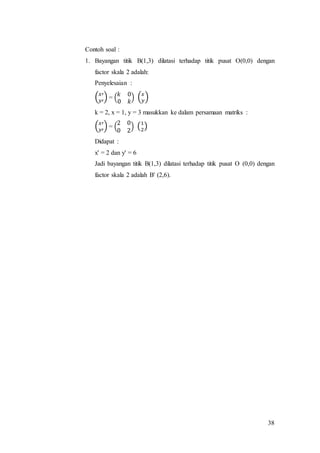 38
Contoh soal :
1. Bayangan titik B(1,3) dilatasi terhadap titik pusat O(0,0) dengan
factor skala 2 adalah:
Penyelesaian :
( 𝑥′
𝑦′
) = (
𝑘 0
0 𝑘
) ( 𝑥
𝑦
)
k = 2, x = 1, y = 3 masukkan ke dalam persamaan matriks :
( 𝑥′
𝑦′
) = (
2 0
0 2
) (1
2
)
Didapat :
x' = 2 dan y' = 6
Jadi bayangan titik B(1,3) dilatasi terhadap titik pusat O (0,0) dengan
factor skala 2 adalah B' (2,6).
 