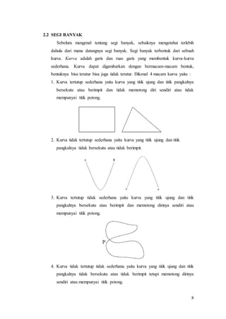 8
2.2 SEGI BANYAK
Sebelum mengenal tentang segi banyak, sebaiknya mengetahui terlebih
dahulu dari mana datangnya segi banyak. Segi banyak terbentuk dari sebuah
kurva. Kurva adalah garis dan ruas garis yang membentuk kurva-kurva
sederhana. Kurva dapat digambarkan dengan bermacam-macam bentuk,
bentuknya bisa teratur bisa juga tidak teratur. Dikenal 4 macam kurva yaitu :
1. Kurva tertutup sederhana yaitu kurva yang titik ujung dan titik pangkalnya
bersekutu atau berimpit dan tidak memotong diri sendiri atau tidak
mempunyai titik potong.
2. Kurva tidak tertutup sederhana yaitu kurva yang titik ujung dan titik
pangkalnya tidak bersekutu atau tidak berimpit.
3. Kurva tertutup tidak sederhana yaitu kurva yang titik ujung dan titik
pangkalnya bersekutu atau berimpit dan memotong dirinya sendiri atau
mempunyai titik potong.
4. Kurva tidak tertutup tidak sederhana yaitu kurva yang titik ujung dan titik
pangkalnya tidak bersekutu atau tidak berimpit tetapi memotong dirinya
sendiri atau mempunyai titik potong.
 