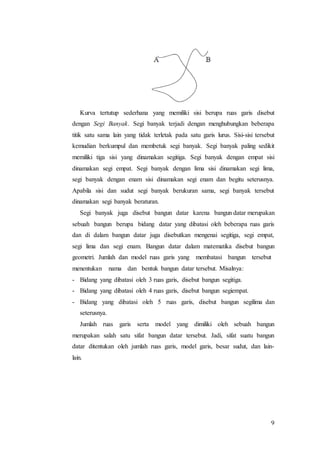 9
Kurva tertutup sederhana yang memiliki sisi berupa ruas garis disebut
dengan Segi Banyak. Segi banyak terjadi dengan menghubungkan beberapa
titik satu sama lain yang tidak terletak pada satu garis lurus. Sisi-sisi tersebut
kemudian berkumpul dan membetuk segi banyak. Segi banyak paling sedikit
memiliki tiga sisi yang dinamakan segitiga. Segi banyak dengan empat sisi
dinamakan segi empat. Segi banyak dengan lima sisi dinamakan segi lima,
segi banyak dengan enam sisi dinamakan segi enam dan begitu seterusnya.
Apabila sisi dan sudut segi banyak berukuran sama, segi banyak tersebut
dinamakan segi banyak beraturan.
Segi banyak juga disebut bangun datar karena bangun datar merupakan
sebuah bangun berupa bidang datar yang dibatasi oleh beberapa ruas garis
dan di dalam bangun datar juga disebutkan mengenai segitiga, segi empat,
segi lima dan segi enam. Bangun datar dalam matematika disebut bangun
geometri. Jumlah dan model ruas garis yang membatasi bangun tersebut
menentukan nama dan bentuk bangun datar tersebut. Misalnya:
- Bidang yang dibatasi oleh 3 ruas garis, disebut bangun segitiga.
- Bidang yang dibatasi oleh 4 ruas garis, disebut bangun segiempat.
- Bidang yang dibatasi oleh 5 ruas garis, disebut bangun segilima dan
seterusnya.
Jumlah ruas garis serta model yang dimiliki oleh sebuah bangun
merupakan salah satu sifat bangun datar tersebut. Jadi, sifat suatu bangun
datar ditentukan oleh jumlah ruas garis, model garis, besar sudut, dan lain-
lain.
 