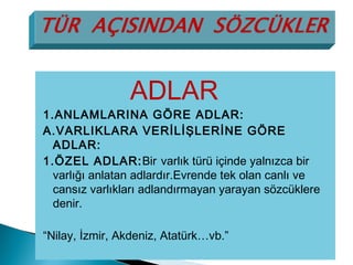 ADLAR
1.ANLAMLARINA GÖRE ADLAR:
A.VARLIKLARA VERİLİŞLERİNE GÖRE
ADLAR:
1.ÖZEL ADLAR:Bir varlık türü içinde yalnızca bir
varlığı anlatan adlardır.Evrende tek olan canlı ve
cansız varlıkları adlandırmayan yarayan sözcüklere
denir.
“Nilay, İzmir, Akdeniz, Atatürk…vb.”
 