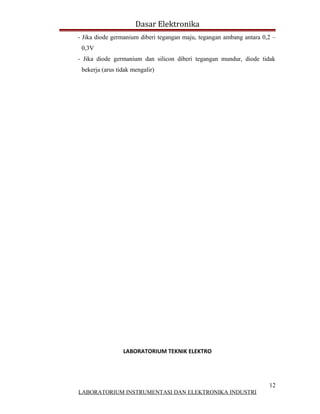 Dasar Elektronika
- Jika diode germanium diberi tegangan maju, tegangan ambang antara 0,2 –
 0,3V
- Jika diode germanium dan silicon diberi tegangan mundur, diode tidak
 bekerja (arus tidak mengalir)




                 LABORATORIUM TEKNIK ELEKTRO




                                                                      12
LABORATORIUM INSTRUMENTASI DAN ELEKTRONIKA INDUSTRI
 