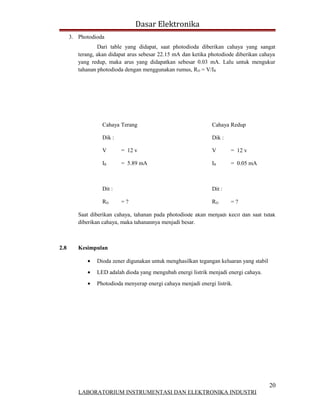 Dasar Elektronika
      3. Photodioda
                 Dari table yang didapat, saat photodioda diberikan cahaya yang sangat
         terang, akan didapat arus sebesar 22.15 mA dan ketika photodiode diberikan cahaya
         yang redup, maka arus yang didapatkan sebesar 0.03 mA. Lalu untuk mengukur
         tahanan photodioda dengan menggunakan rumus, RD = V/IR




                  Cahaya Terang                                 Cahaya Redup

                  Dik :                                         Dik :

                  V       = 12 v                                V       = 12 v

                  IR      = 5.89 mA                             IR      = 0.05 mA



                  Dit :                                         Dit :

                  RD      =?                                    RD      =?

         Saat diberikan cahaya, tahanan pada photodiode akan menjadi kecil dan saat tidak
         diberikan cahaya, maka tahanannya menjadi besar.



2.8      Kesimpulan

            •   Dioda zener digunakan untuk menghasilkan tegangan keluaran yang stabil
            •   LED adalah dioda yang mengubah energi listrik menjadi energi cahaya.
            •   Photodioda menyerap energi cahaya menjadi energi listrik.




                                                                                         20
         LABORATORIUM INSTRUMENTASI DAN ELEKTRONIKA INDUSTRI
 