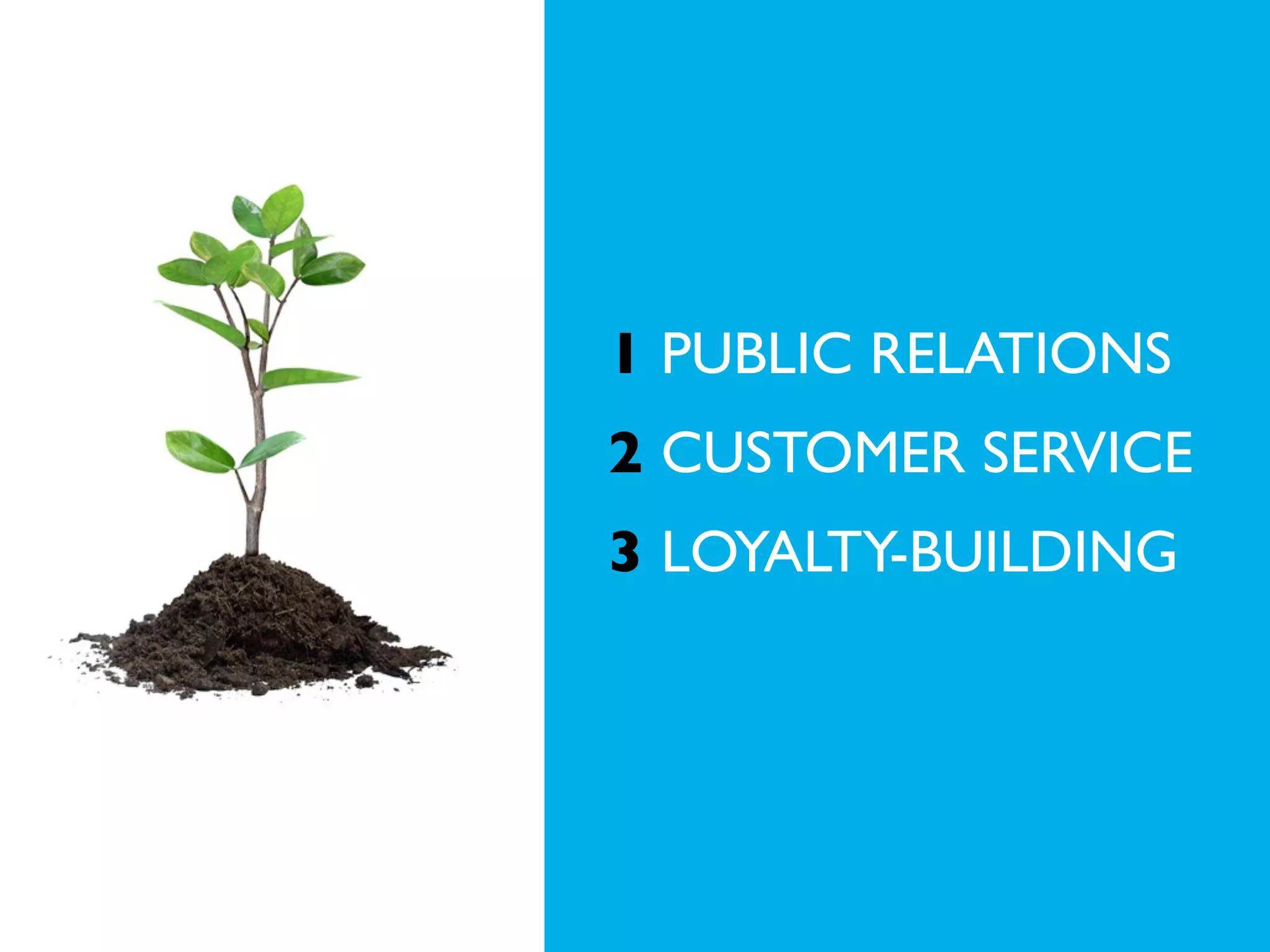 1 PUBLIC RELATIONS
2 CUSTOMER SERVICE
3 LOYALTY-BUILDING

 