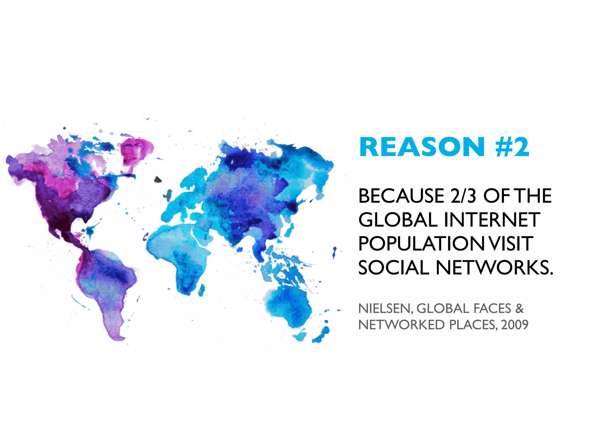 REASON #2
BECAUSE 2/3 OF THE
GLOBAL INTERNET
POPULATION VISIT
SOCIAL NETWORKS.
NIELSEN, GLOBAL FACES &
NETWORKED PLACES, 2009

 