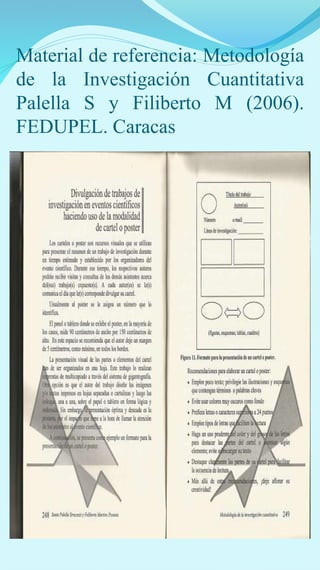 Material de referencia: Metodología 
de la Investigación Cuantitativa 
Palella S y Filiberto M (2006). 
FEDUPEL. Caracas 
