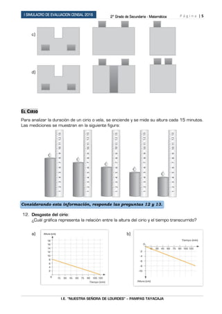 P á g i n a | 5
I.E. “NUESTRA SEÑORA DE LOURDES” – PAMPAS TAYACAJA
I SIMULACRO DE EVALUACION CENSAL 2016
2° Grado de Secundaria - Matemática
c)
d)
El Cirio
Para analizar la duración de un cirio o vela, se enciende y se mide su altura cada 15 minutos.
Las mediciones se muestran en la siguiente figura:
Considerando esta información, responde las preguntas 12 y 13.
12. Desgaste del cirio:
¿Cuál gráfica representa la relación entre la altura del cirio y el tiempo transcurrido?
a) b)
 