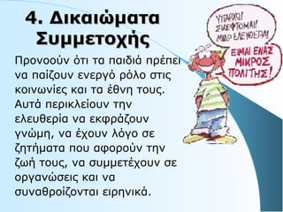 4.4. ΔικαιώματαΔικαιώματα
ΣυμμετοχήςΣυμμετοχής
Προνοούν ότι τα παιδιά πρέπει
να παίζουν ενεργό ρόλο στις
κοινωνίες και τα έθνη τους.
Αυτά περικλείουν την
ελευθερία να εκφράζουν
γνώμη, να έχουν λόγο σε
ζητήματα που αφορούν την
ζωή τους, να συμμετέχουν σε
οργανώσεις και να
συναθροίζονται ειρηνικά.
 