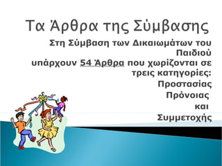 Στη Σύμβαση των Δικαιωμάτων του
Παιδιού
υπάρχουν 54 Άρθρα που χωρίζονται σε
τρεις κατηγορίες:
Προστασίας
Πρόνοιας
και
Συμμετοχής
 