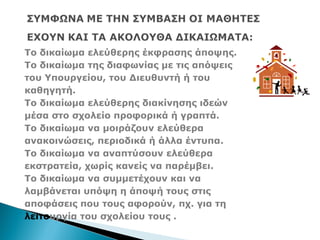 Το δικαίωμα ελεύθερης έκφρασης άποψης.
Το δικαίωμα της διαφωνίας με τις απόψεις
του Υπουργείου, του Διευθυντή ή του
καθηγητή.
Το δικαίωμα ελεύθερης διακίνησης ιδεών
μέσα στο σχολείο προφορικά ή γραπτά.
Το δικαίωμα να μοιράζουν ελεύθερα
ανακοινώσεις, περιοδικά ή άλλα έντυπα.
Το δικαίωμα να αναπτύσουν ελεύθερα
εκστρατεία, χωρίς κανείς να παρέμβει.
Το δικαίωμα να συμμετέχουν και να
λαμβάνεται υπόψη η άποψή τους στις
αποφάσεις που τους αφορούν, πχ. για τη
λειτουργία του σχολείου τους .
 