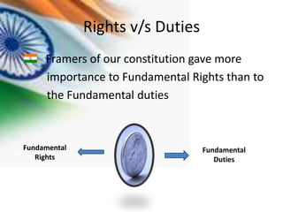 Rights v/s Duties
     Framers of our constitution gave more
     importance to Fundamental Rights than to
     the Fundamental duties



Fundamental                       Fundamental
   Rights                            Duties
 