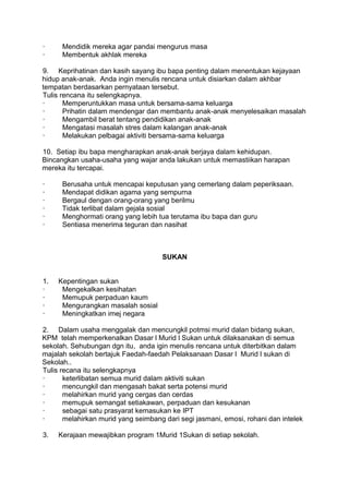 ·     Mendidik mereka agar pandai mengurus masa
·     Membentuk akhlak mereka

9. Keprihatinan dan kasih sayang ibu bapa penting dalam menentukan kejayaan
hidup anak-anak. Anda ingin menulis rencana untuk disiarkan dalam akhbar
tempatan berdasarkan pernyataan tersebut.
Tulis rencana itu selengkapnya.
·      Memperuntukkan masa untuk bersama-sama keluarga
·      Prihatin dalam mendengar dan membantu anak-anak menyelesaikan masalah
·      Mengambil berat tentang pendidikan anak-anak
·      Mengatasi masalah stres dalam kalangan anak-anak
·      Melakukan pelbagai aktiviti bersama-sama keluarga

10. Setiap ibu bapa mengharapkan anak-anak berjaya dalam kehidupan.
Bincangkan usaha-usaha yang wajar anda lakukan untuk memastiikan harapan
mereka itu tercapai.

·     Berusaha untuk mencapai keputusan yang cemerlang dalam peperiksaan.
·     Mendapat didikan agama yang sempurna
·     Bergaul dengan orang-orang yang berilmu
·     Tidak terlibat dalam gejala sosial
·     Menghormati orang yang lebih tua terutama ibu bapa dan guru
·     Sentiasa menerima teguran dan nasihat



                                     SUKAN


1.   Kepentingan sukan
·     Mengekalkan kesihatan
·     Memupuk perpaduan kaum
·     Mengurangkan masalah sosial
·     Meningkatkan imej negara

2. Dalam usaha menggalak dan mencungkil potmsi murid dalan bidang sukan,
KPM telah memperkenalkan Dasar l Murid l Sukan untuk dilaksanakan di semua
sekolah. Sehubungan dgn itu, anda igin menulis rencana untuk diterbitkan dalam
majalah sekolah bertajuk Faedah-faedah Pelaksanaan Dasar l Murid l sukan di
Sekolah..
Tulis recana itu selengkapnya
·      keterlibatan semua murid dalam aktiviti sukan
·      mencungkil dan mengasah bakat serta potensi murid
·      melahirkan murid yang cergas dan cerdas
·      memupuk semangat setiakawan, perpaduan dan kesukanan
·      sebagai satu prasyarat kemasukan ke IPT
·      melahirkan murid yang seimbang dari segi jasmani, emosi, rohani dan intelek

3.   Kerajaan mewajibkan program 1Murid 1Sukan di setiap sekolah.
 