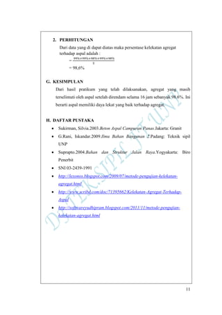 11
2. PERHITUNGAN
Dari data yang di dapat diatas maka persentase kelekatan agregat
terhadap aspal adalah :
=
= 98,6%
G. KESIMPULAN
Dari hasil pratikum yang telah dilaksanakan, agregat yang masih
terselimuti oleh aspal setelah direndam selama 16 jam sebanyak 98.6%. Ini
berarti aspal memiliki daya lekat yang baik terhadap agregat.
H. DAFTAR PUSTAKA
Sukirman, Silvia.2003.Beton Aspal Campuran Panas.Jakarta: Granit
G.Rani, Iskandar.2009.Ilmu Bahan Bangunan 2.Padang: Teknik sipil
UNP
Suprapto.2004.Bahan dan Struktur Jalan Raya.Yogyakarta: Biro
Penerbit
SNI 03-2439-1991
http://lexonos.blogspot.com/2009/07/metode-pengujian-kelekatan-
agregat.html
http://www.scribd.com/doc/71395662/Kelekatan-Agregat-Terhadap-
Aspal
http://softwareyudhipram.blogspot.com/2011/11/metode-pengujian-
kelekatan-agregat.html
 