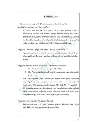 57
KESIMPULAN
Dari praktikum yang telah dilaksanakan, maka dapat disimpulkan:
Analisis Saringan Agregat ( Sieve Analisis )
Persentase dari split 19,5%, screen = 18,5 % dan abubatu = 63 %.
Berdasarkan susunan dari butiran agregat tersebut kurang baik untuk
perkerasan jalan, karena persentase abubatu yang terlalu banyak. Dari hal
itu, dapat kita simpulkan bahwa Semakin kecil nilai kumulatif tertahan (%)
maka semakin besar nilai kumulatif lolos (%) dan nilai fullernya.
Pengujian Kelekatan Agregat Pada Aspal ( Affinity For Bitumen )
Agregat yang masih terselimuti oleh aspal setelah direndam selama 16 jam
sebanyak 98.6%. Ini berarti aspal memiliki daya lekat yang baik terhadap
agregat.
Pengujian Penetrasi Aspal ( Penetration Of Bituminous Materials )
1. Nilai Penetrasi pada suhu ruang adalah : 75,2
2. Nilai Penetrasi pada sampel yang direndam pada waterbath adalah:
101,8
Dari data tersebut dapat disimpulkan bahwa aspal yang digunakan
tergolong dalam aspal yang keras. Karena aspal pada suhu ruang nilai
penetrasinya 75,2 yang memasuki standart SNI 06-2456-1991 yaitu 60 –
79. Sedangkan aspal yang direndam di waterbath nilai penetrasinya adalah
101,8, yang berarti rendaman tersebut membuat aspal lebih aspal lunak
dan psikositasnya lebir rendah dibandingkan pada suhu ruang.
Pengujian Berat Jenis Dan Penyerapan Agregat
Pada agregat kasar > 4,75mm (split dan screen), perbedaan antara berat
jenis SSD,Bulk dan Apperent tidak jauh berbeda.
 