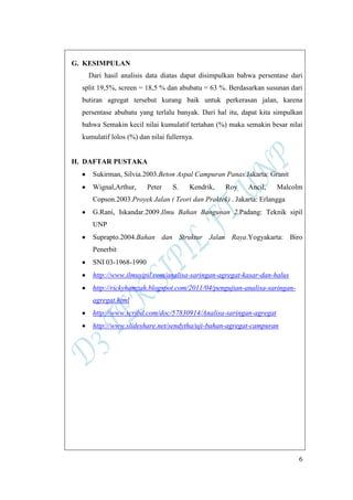 6
G. KESIMPULAN
Dari hasil analisis data diatas dapat disimpulkan bahwa persentase dari
split 19,5%, screen = 18,5 % dan abubatu = 63 %. Berdasarkan susunan dari
butiran agregat tersebut kurang baik untuk perkerasan jalan, karena
persentase abubatu yang terlalu banyak. Dari hal itu, dapat kita simpulkan
bahwa Semakin kecil nilai kumulatif tertahan (%) maka semakin besar nilai
kumulatif lolos (%) dan nilai fullernya.
H. DAFTAR PUSTAKA
Sukirman, Silvia.2003.Beton Aspal Campuran Panas.Jakarta: Granit
Wignal,Arthur, Peter S. Kendrik, Roy Ancil, Malcolm
Copson.2003.Proyek Jalan ( Teori dan Praktek) . Jakarta: Erlangga
G.Rani, Iskandar.2009.Ilmu Bahan Bangunan 2.Padang: Teknik sipil
UNP
Suprapto.2004.Bahan dan Struktur Jalan Raya.Yogyakarta: Biro
Penerbit
SNI 03-1968-1990
http://www.ilmusipil.com/analisa-saringan-agregat-kasar-dan-halus
http://rickyhamzah.blogspot.com/2011/04/pengujian-analisa-saringan-
agregat.html
http://www.scribd.com/doc/57830914/Analisa-saringan-agregat
http://www.slideshare.net/sendytha/uji-bahan-agregat-campuran
 