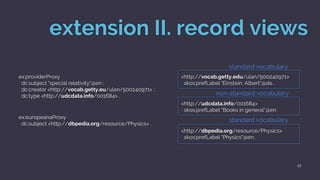 extension II. record views
ex:providerProxy
dc:subject "special relativity"@en ;
dc:creator <http://vocab.getty.eu/ulan/50...