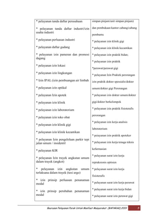 Baurusan Pelayanan Parak Untuk Manfaat Masyarakat (BAPARAK) 2019 5
* pelayanan tanda daftar perusahaan
* pelayanan tanda daftar industri/izin
usaha industri
* pelayanan perluasan industri
* pelayanan daftar gudang
* pelayanan izin pameran dan promosi
dagang
* pelayanan izin lokasi
* pelayanan izin lingkungan
* Izin IPAL (izin pembuangan air limbah
* pelayanan izin optikal
* pelayanan Izin apotek
* pelayanan izin klinik
* pelayanan izin laboratorium
* pelayanan izin toko obat
* pelayanan izin klinik gigi
* pelayanan izin klinik kecantikan
* pelayanan Izin pengelolaan parkir tepi
jalan umum / insidentil
* pelayanan KIR
* pelayanan Izin trayek angkutan umum
dalam trayek (angkot)
* pelayanan izin angkutan umum
terlaksana dalam trayek (taxi argo)
* izin prinsip perluasan penanaman
modal
* izin prinsip perubahan penanaman
modal
simpan pinjam/unit simpan pinjam)
dan pembukaan kantor cabang/cabang
pembantu
* pelayanan izin klinik gigi
* pelayanan izin klinik kecantikan
* pelayanan izin praktik bidan;
* pelayanan izin praktik
*perawat/perawat gigi
* pelayanan Izin Praktek perorangan
izin praktik dokter spessialis/dokter
umum/dokter gigi Perorangan
* pelayanan izin dokter umum/dokter
gigi/dokter berkelompok
* pelayanan izin praktik fisioterafis
perorangan
* pelayanan izin kerja analisis
laboratorium
* peiayanan izin praktik apoteker
* pelayanan izin kerja tenaga teknis
kefarmasian
* pelayanan surat izin kerja
repraksionis optisien
* pelayanan surat izin kerja
fisioterafis
* pelayanan surat izin kerja perawat
* pelayanan surat izin kerja bidan
* pelayanan surat izin perawat gigi
 