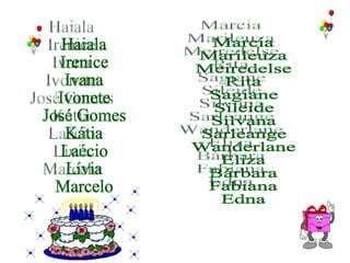        Haiala Irenice Ivana Ivonete José Gomes Kátia Laécio Lívia Marcelo Marcia Marileuza Meiredelse Rita Sagiane Sileide Silvana Sarleange Wanderlane Eliza Bárbara Fabiana Edna 