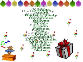 Alfredo André Barbara Suely Berenildes Brayan Dione Ecson Fabíola Isaac Ivana Leonardo Lívia Claudia Marileuza Myllene Mariana Neive 