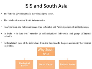 ISIS and South Asia
• The national governments are downplaying the threat.
• The trend varies across South Asia countries.
• In Afghanistan and Pakistan it is confined to Salafist and Panjpiri pockets of militant groups.
• In India, it is lone-wolf behavior of self-radicalized individuals and group differential
behavior.
• In Bangladesh most of the individuals from the Bangladeshi diaspora community have joined
ISIS ranks.
Why South
Asia
Ideological
Factor
Social Factor Political Factor
 