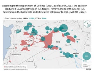 According to the Department of Defense (DOD), as of March, 2017, the coalition
conducted 19,000 airstrikes on ISIS targets, removing tens of thousands ISIS
fighters from the battlefield and killing over 180 senior to mid-level ISIS leaders
 