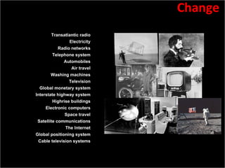 Slide:  Transatlantic radio Electricity Radio networks Telephone system Automobiles Air travel Washing machines Television Global monetary system Interstate highway system Highrise buildings Electronic computers Space travel Satellite communications The Internet Global positioning system Cable television systems Change 