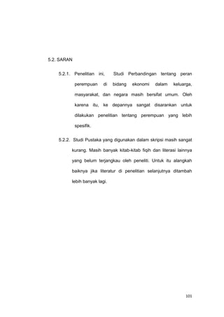 101
5.2. SARAN
5.2.1. Penelitian ini, Studi Perbandingan tentang peran
perempuan di bidang ekonomi dalam keluarga,
masyarakat, dan negara masih bersifat umum. Oleh
karena itu, ke depannya sangat disarankan untuk
dilakukan penelitian tentang perempuan yang lebih
spesifik.
5.2.2. Studi Pustaka yang digunakan dalam skripsi masih sangat
kurang. Masih banyak kitab-kitab fiqih dan literasi lainnya
yang belum terjangkau oleh peneliti. Untuk itu alangkah
baiknya jika literatur di penelitian selanjutnya ditambah
lebih banyak lagi.
 