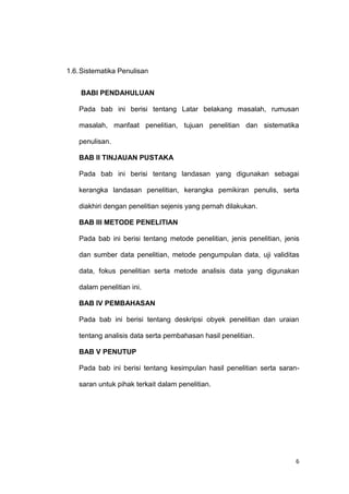 6
1.6.Sistematika Penulisan
BABI PENDAHULUAN
Pada bab ini berisi tentang Latar belakang masalah, rumusan
masalah, manfaat penelitian, tujuan penelitian dan sistematika
penulisan.
BAB II TINJAUAN PUSTAKA
Pada bab ini berisi tentang landasan yang digunakan sebagai
kerangka landasan penelitian, kerangka pemikiran penulis, serta
diakhiri dengan penelitian sejenis yang pernah dilakukan.
BAB III METODE PENELITIAN
Pada bab ini berisi tentang metode penelitian, jenis penelitian, jenis
dan sumber data penelitian, metode pengumpulan data, uji validitas
data, fokus penelitian serta metode analisis data yang digunakan
dalam penelitian ini.
BAB IV PEMBAHASAN
Pada bab ini berisi tentang deskripsi obyek penelitian dan uraian
tentang analisis data serta pembahasan hasil penelitian.
BAB V PENUTUP
Pada bab ini berisi tentang kesimpulan hasil penelitian serta saran-
saran untuk pihak terkait dalam penelitian.
 