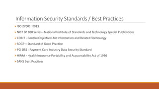 Information Security Standards / Best Practices
ISO 27001: 2013
NIST SP 800 Series - National Institute of Standards and Technology Special Publications
COBIT - Control Objectives for Information and Related Technology
SOGP – Standard of Good Practice
PCI DSS - Payment Card Industry Data Security Standard
HIPAA - Health Insurance Portability and Accountability Act of 1996
SANS Best Practices
 