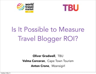 Is It Possible to Measure
Travel Blogger ROI?
Oliver Gradwell, TBU
Velma Corcoran, Cape Town Tourism
Anton Crone, Mzansigirl
Tuesday, 6 May 14
 