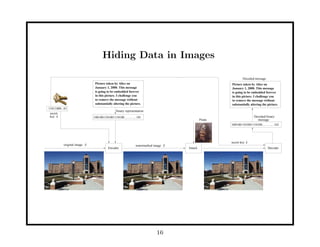 Hiding Data in Images
secret
key k
Encoder
original image S watermarked image X
Picture taken by Alice on
January 1, 2000. This message
is going to be embedded forever
in this picture. I challenge you
to remove the message without
substantially altering the picture.
1001001101001110100...............101
binary representation
Decoder
Picture taken by Alice on
January 1, 2000. This message
is going to be embedded forever
in this picture. I challenge you
to remove the message without
substantially altering the picture.
Decoded message
1001001101001110100...............101
Decoded binary
message
secret key k
Attack
Pirate
11011000...01
16
 